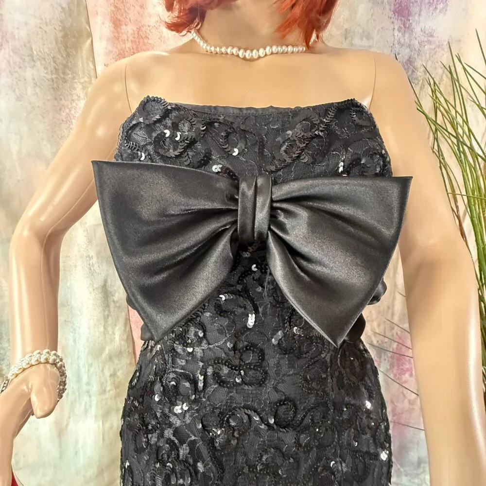 VTG📌 Mike Benet 90s Strapless Sequin Cocktail - Formal Mini Dress with Bow - Picture 8 of 16